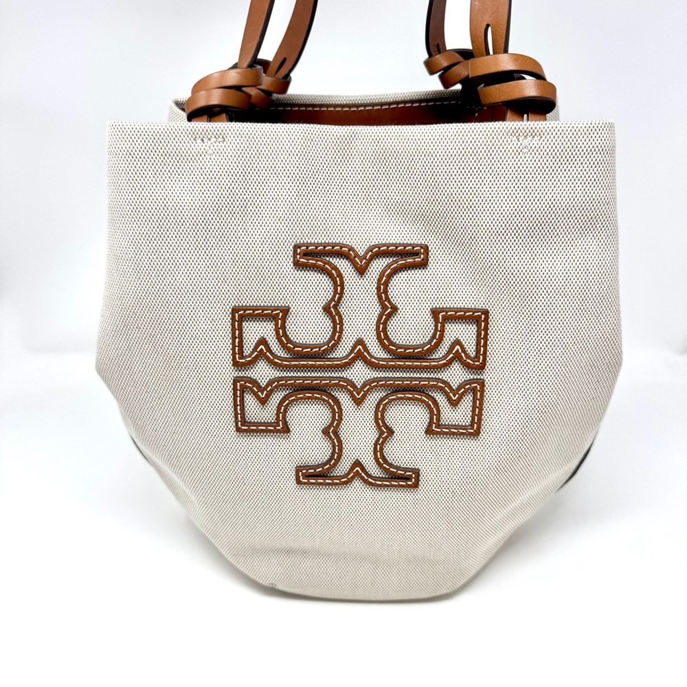 Authentic Tory Burch Small Canvas Round Tote Purse Natural / Classic - Picture 4 of 13